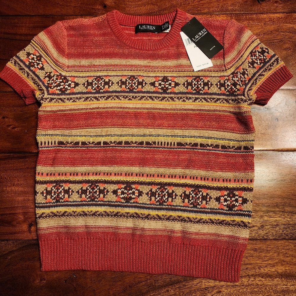 LAUREN RALPH LAUREN Red & Beige Fair Isle Cotton/Linen Blend Sweater Sz PS NWT - Picture 2 of 6